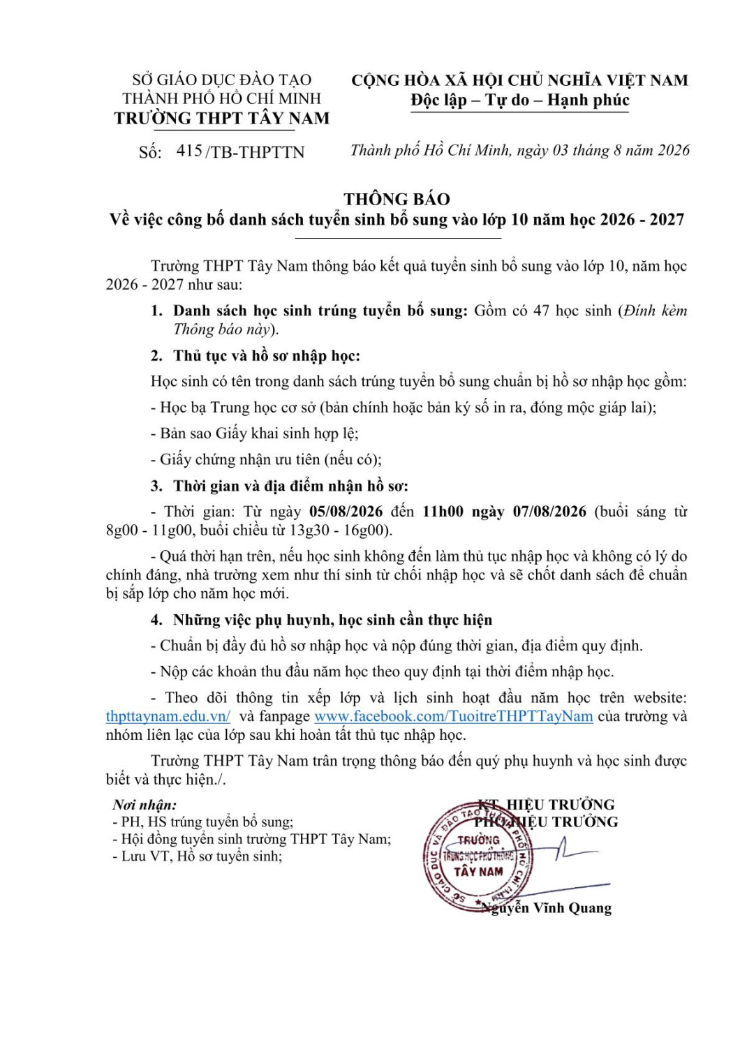 THÔNG BÁO CÔNG BỐ DANH SÁCH TRÚNG TUYỂN BỔ SUNG VÀO LỚP 10 NĂM HỌC 2026 - 2027